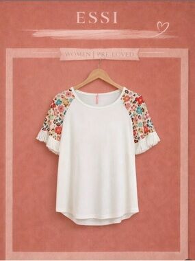 SHEIN White Tee with Floral Raglan Fringe Sleeves